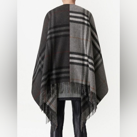 BURBERRY CONTRAST CHECK WOOL CASHMERE JACQUARD CAPE PONCHO - Picture 10 of 10
